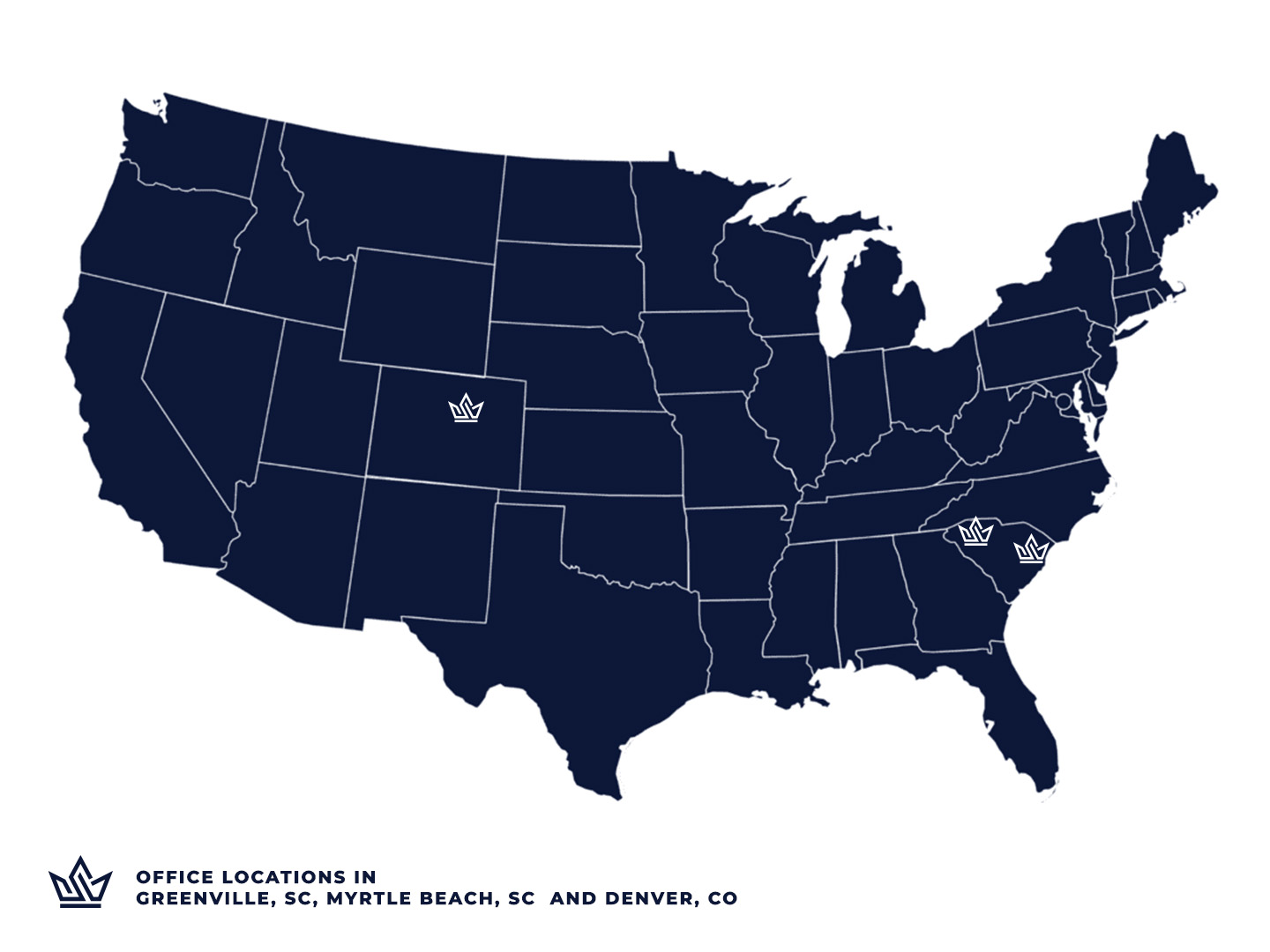 map of the USA with pinc on Sovereign Family Office locations in Greenville, Myrtle Beach and Denver