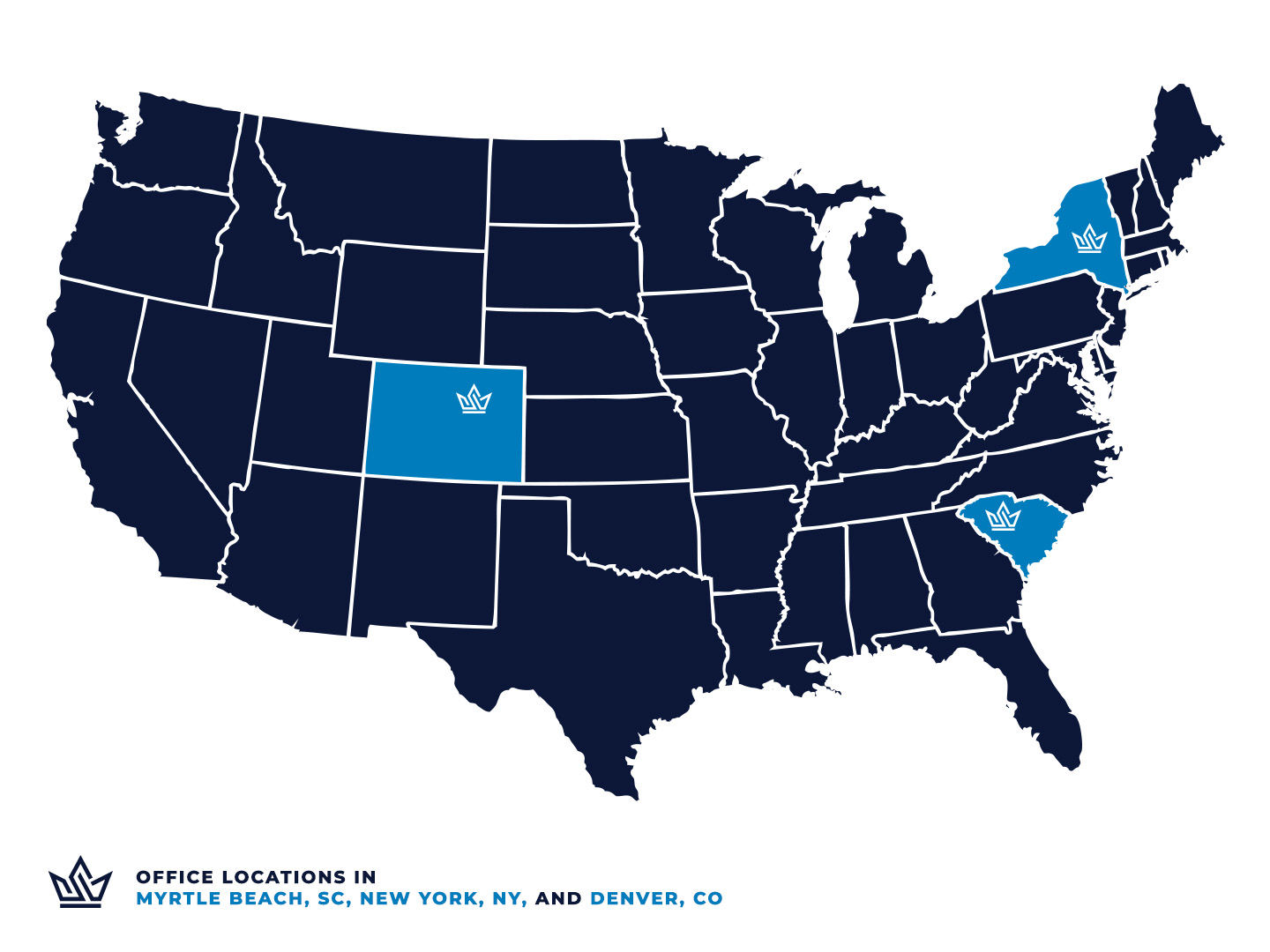 Map of the United States with Highlights in denver , Colorado for Sovereign Family office headquaters, and additional office locations in Myrtle Beach and New York.